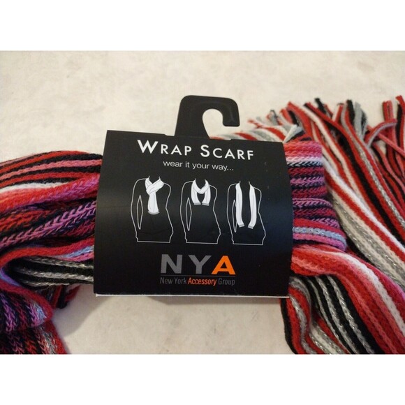 NYA Wrap Scarf Striped Knitted Fringe Multicolor Neck Warmer Red Black NWT - Picture 2 of 5
